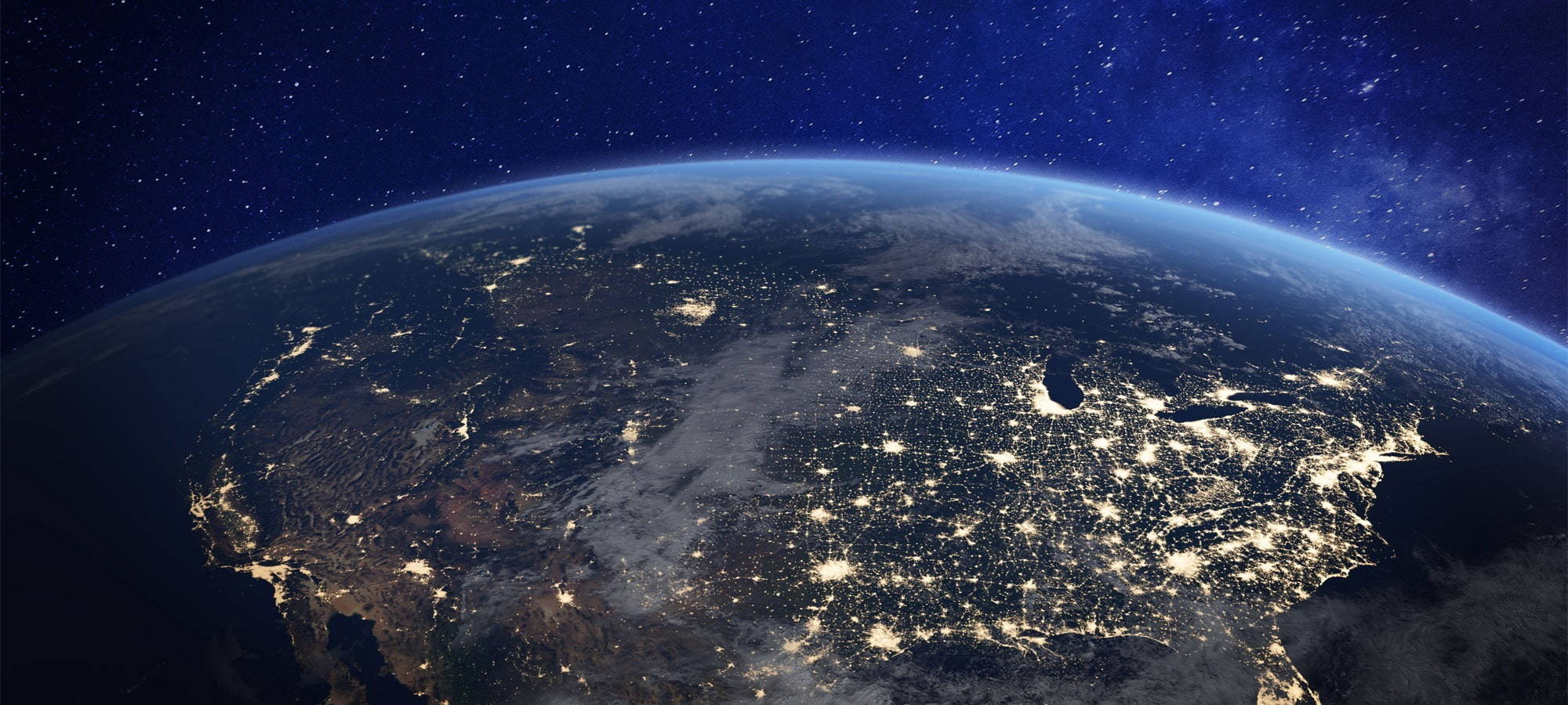 Sky view of USA and Canada map at night